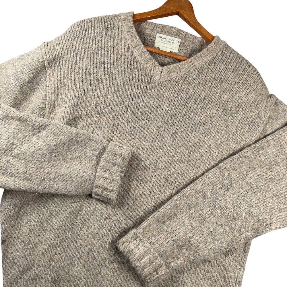 Vintage 90's American Eagle Sweater Mens Large Beige Wool Blend V-Neck Marled